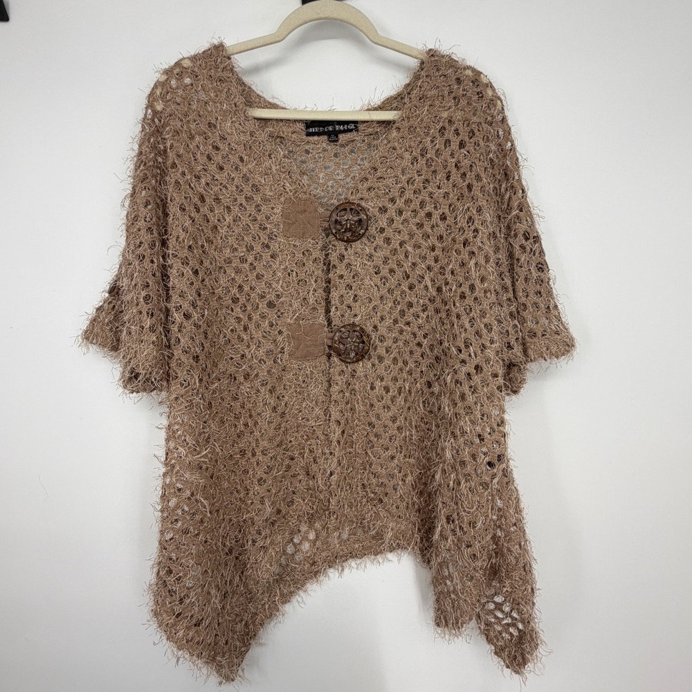 Mirror Image Womens 1X Brown Open Knit Crochet Cardigan Sweater Boho Shaggy Top